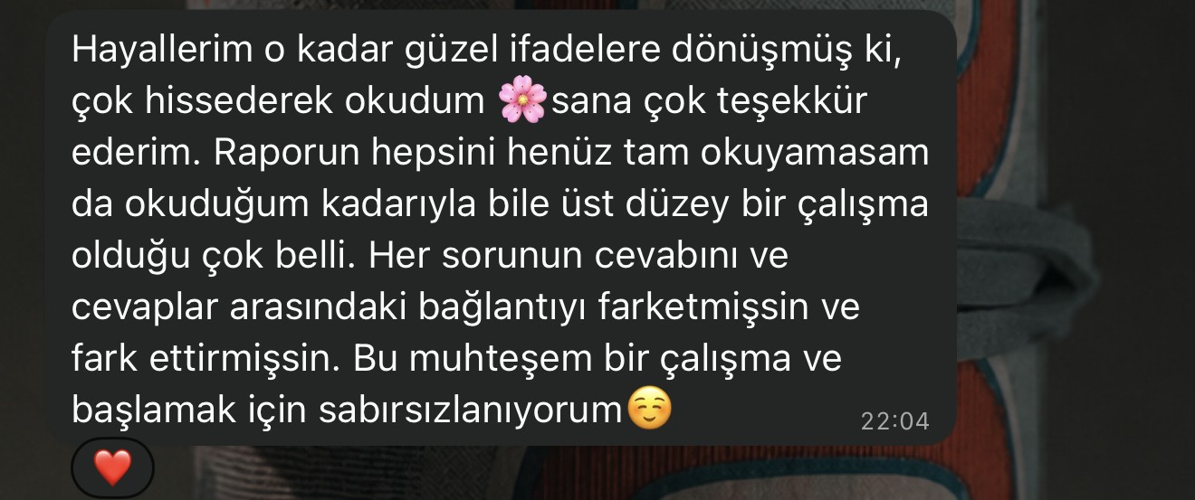 Katılımcı mesajı: Hayallerim o kadar güzel ifadelere dönüşmüş ki, üst düzey bir çalışma.