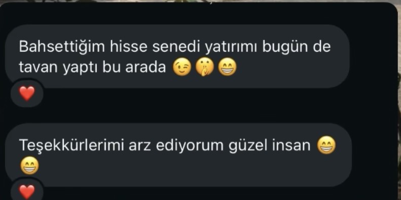 Katılımcı mesajı: Bahsettiğim hisse senedi yatırımı bugün de tavan yaptı.