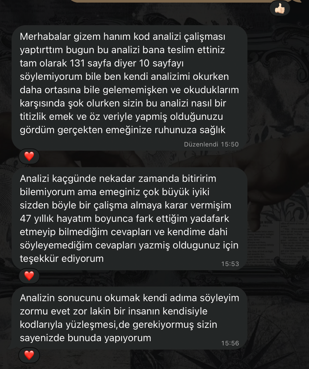 Katılımcı mesajı: 131 sayfalık analiz — 47 yıllık hayatım boyunca fark etmediğim cevaplar.