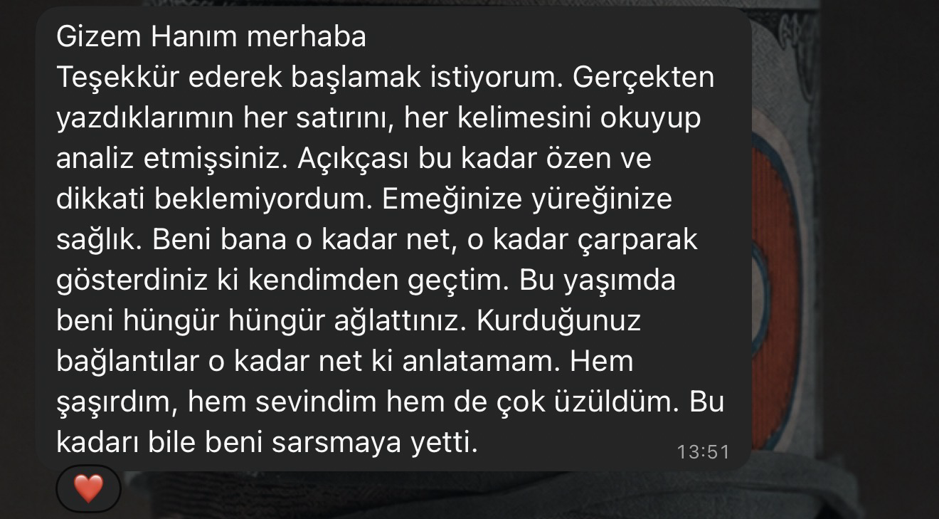 Katılımcı mesajı: Yazdıklarımın her satırını, her kelimesini okuyup analiz etmişsiniz.